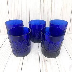 Rare Baroque Revival Cobalt Blue Pressed Old Fashioned Glasses MCM Portuguese 5